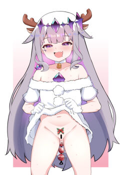 1girl absurdres anal anal_beads anal_object_insertion antlers bar_censor bell border censored clothes_lift cowboy_shot dress dress_lift face_jewel fake_antlers gem gem_hair_ornament gluteal_fold grey_hair headpiece highres hololive hololive_english horns jewel_under_eye koseki_bijou kududama lifting_own_clothes loli long_hair neck_bell object_insertion outside_border purple_eyes purple_gem pussy pussy_juice reindeer_antlers sex_toy solo thighs very_long_hair virtual_youtuber white_border