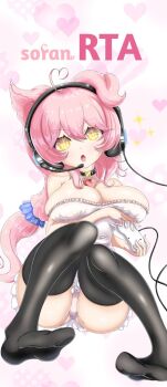 1girl animal_ears breasts choker cleavage controller game_console game_controller headset highres large_breasts open_mouth panties pink_hair sitting solo super_famicom super_famicom_gamepad thighhighs underwear yellow_eyes