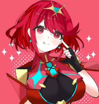 1girl :q absurdres black_gloves breasts chest_jewel closed_mouth core_crystal_(xenoblade) earrings finger_to_eye fingerless_gloves gem gloves green_gem hashtag-only_commentary highres jewelry large_breasts northertrain pyra_(xenoblade) red_background red_eyes red_hair short_hair solo sparkle tiara tongue tongue_out upper_body xenoblade_chronicles_(series) xenoblade_chronicles_2