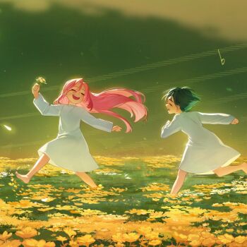 000balloon 2girls alien_stage black_hair closed_eyes commentary dress field floating_hair flower flower_field glasses grass hashtag-only_commentary highres holding holding_flower long_hair long_sleeves mizi_(alien_stage) multiple_girls open_mouth pink_hair running short_hair smile sua_(alien_stage) very_long_hair white_dress yellow_flower