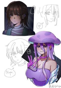 2girls :d aegyo_sal arm_at_side armpit_crease bandaged_neck bandages bare_shoulders blue_overalls bow bow_choker bowtie breasts brown_eyes brown_hair chinese_commentary choker cleavage closed_mouth collarbone colored_eyelashes commentary_request covered_navel cropped_shoulders cropped_torso double-parted_bangs english_text fume-shroom_(plants_vs._zombies) genderswap genderswap_(mtf) gloves grin hair_between_eyes hair_intakes half_updo hand_up hat heart highres jacket jacket_partially_removed jitome large_breasts light_frown long_hair long_hair_between_eyes long_sidelocks looking_at_viewer mole mole_on_breast mole_on_shoulder multiple_girls mushroom_hat oleander03034 open_clothes open_jacket open_mouth overalls personification pink_bow pink_bowtie pink_choker pink_gloves plants_vs._zombies purple_hair purple_hat purple_shirt ribbed_shirt serious shaded_face shirt short_hair sidelocks simple_background smile speech_bubble spoken_heart straight_hair strapless strapless_shirt sweatdrop tall-nut_(plants_vs._zombies) tsurime very_long_hair w white_jacket