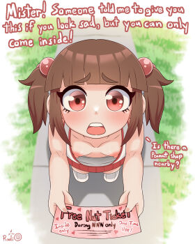 1girl :o akane-chan_(radiosylent) bare_arms blunt_bangs blush breasts brown_hair clueless collarbone downblouse english_text eyelashes female_focus from_above furrowed_brow giving hair_bobbles hair_ornament highres holding loli looking_at_viewer looking_up nipples no_bra open_mouth original outdoors outstretched_arms radiosylent red_eyes short_twintails sidelocks small_breasts solo standing tank_top thick_eyebrows twintails