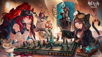 Rule 34 | 1boy, 4girls, :d, ^ ^, ajani (arknights), ajazi (arknights), animal ears, arknights, artist request, aspasia (arknights), bare shoulders, black hair, board game, book, brown hair, cameo, cat tail, chess piece, chinese commentary, closed eyes, commentary request, copyright name, detached sleeves, dress, eyeshadow, fang, green dress, hand on own chin, hand up, highres, hood, indoors, jewelry, kal'tsit (arknights), long hair, long sleeves, makeup, midriff, mio (beast lord) (arknights), multiple girls, narantuya (arknights), navel, official art, open mouth, papyrus (arknights), pepe (arknights), red eyes, red hair, ring, second-party source, skin fang, smile, tail, tail ornament, tail ring, titi (arknights), very long hair, zubayr (arknights)