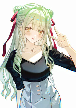 Rule 34 | 1girl, absurdres, alternate hairstyle, bang dream!, bang dream! it's mygo!!!!!, black shirt, blush, chinese commentary, collarbone, commentary request, cowboy shot, double bun, green hair, hair bun, hair ribbon, highres, jewelry, long hair, looking at viewer, necklace, parted lips, photo-referenced, red ribbon, ribbon, sakura amano, shirt, simple background, solo, v, wakaba mutsumi, watase yuzuki, white background, yellow eyes