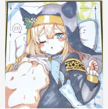 Rule 34 | 1girl, ;o, black dress, blue archive, blue eyes, breasts, brown hair, commentary request, dress, flower, groin, hair between eyes, halo, long sleeves, looking at viewer, lying, mari (blue archive), navel, on back, one eye closed, out-of-frame censoring, parted lips, photo (medium), pillow, puffy long sleeves, puffy sleeves, shikishi, sleeves past wrists, small breasts, solo, spoken blush, sweat, te toga, traditional media, veil, white flower