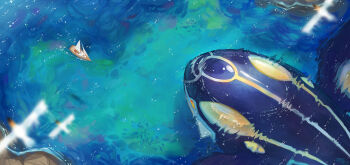 animal_focus artist_name blurry blurry_foreground boat commentary english_commentary from_above gen_3_pokemon highres imazartz kyogre legendary_pokemon nintendo no_humans pokemon pokemon_(creature) pokemon_focus primal_kyogre sailboat solo_focus water watercraft wingull