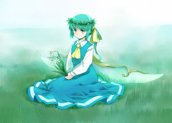 1girl ascot blue_skirt blue_vest collared_shirt commentary_request daiyousei fairy fairy_wings flower fog green_eyes green_hair hair_ribbon head_wreath holding holding_flower light_blush light_smile long_hair long_sleeves on_grass rangycrow ribbon shirt side_ponytail sitting skirt solo touhou vest white_flower white_shirt wings yellow_ascot yellow_ribbon