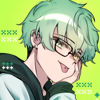 1boy commentary ear_piercing english_commentary glasses green_background green_eyes green_hair green_theme grey_jacket hand_on_own_cheek hand_on_own_face highres jacket long_sleeves looking_at_viewer male_focus original piercing portrait ryuuxin short_hair simple_background smile solo tongue tongue_out tongue_piercing yellow_background