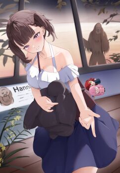 1girl absurdres bare_shoulders between_breasts blue_skirt blunt_bangs blush bocchi_the_rock! braid breasts brown_bag character_doll cleavage collarbone cowboy_shot doll grin highres holding holding_stuffed_toy kaguya-sama_wa_kokurasetai_~tensai-tachi_no_renai_zunousen~ large_breasts monkey pharmarr shijou_maki shirt short_sleeves skirt smile strap_between_breasts stuffed_animal stuffed_gorilla stuffed_toy teeth twintails white_shirt wooden_floor