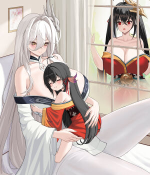 3girls :o absurdres ahoge azur_lane bare_shoulders black_hair blush breasts cleavage closed_eyes collarbone commentary_request curtains hakuhou_(azur_lane) heart heart_ahoge highres huge_breasts japanese_clothes kimono long_hair looking_through_window mask mask_on_head multiple_girls red_eyes red_kimono smile taihou-chan_(azur_lane) taihou_(azur_lane) twintails very_long_hair white_hair white_kimono yellow_eyes zbfmkc