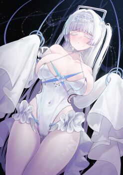 1girl absurdres bare_shoulders blush breasts cleavage closed_eyes colored_eyelashes cosplay covered_navel detached_sleeves embarrassed frills goddess_of_victory:_nikke hair_intakes highres large_breasts leotard liberalio_(nikke) liberalio_(nikke)_(cosplay) long_hair long_sleeves mole mole_on_breast nayuta_(nikke) pantyhose skirt sleeves_past_fingers sleeves_past_wrists solo sxrxri_a thick_eyelashes very_long_hair white_eyelashes white_hair white_leotard white_pantyhose