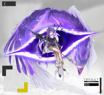 1girl absurdres alternate_costume alternate_universe arknights belt bird black_gloves blunt_bangs braid bulletproof_vest chinese_commentary commentary_request crossed_legs crossover engulfing_lightning_(genshin_impact) fingerless_gloves full_body genshin_impact gloves hair_ornament head_wings highres holding holding_polearm holding_weapon human_scabbard katana kelun kemonomimi_mode long_hair long_sleeves looking_at_viewer mitsudomoe_(shape) mole mole_under_eye musou_isshin_(genshin_impact) naginata parted_lips pocket polearm purple_eyes purple_hair raiden_shogun reference_sheet sidelocks single_braid sitting solo sword thighs tomoe_(symbol) weapon wings