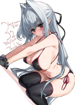 1girl beatmania_iidx beatmania_iidx_32_pinky_crush bemani bikini black_bikini black_gloves black_thighhighs breasts character_request english_text gloves grey_hair highres large_breasts long_hair mutsutake navel red_eyes solo sweat swimsuit thighhighs very_long_hair