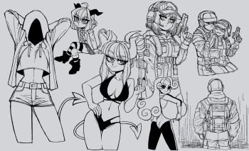 3girls aunt_and_niece breasts colorized demon_girl demon_tail goat_girl grizz helltaker krampus_(grizz) large_breasts lucifer_(helltaker) multiple_girls original police red_shirt shirt swimsuit tail white_hair