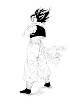1boy cropped_vest dragon_ball dragon_ball_super dragon_ball_super_broly fenyon from_behind full_body gogeta greyscale male_focus medium_hair metamoran_vest monochrome no_shirt sash simple_background smirk solo spiked_hair vest white_background