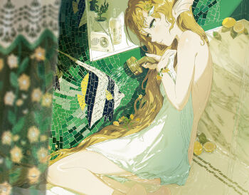 1girl ass blonde_hair blush breasts dimples_of_venus expressionless fins food fruit head_fins lemon long_hair miv4t naked_towel nude original shower_(place) showering sitting small_breasts solo tiles towel very_long_hair water yellow_eyes