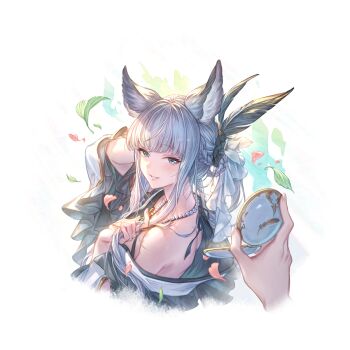 Rule 34 | 1girl, animal ears, bare shoulders, braid, djeeta (granblue fantasy), erune, granblue fantasy, green eyes, hand in own hair, holding, holding mirror, korwa (yukata) (granblue fantasy), looking at viewer, mirror, official art, pov, shoulder blades, sidelocks, smile, teeth, white hair
