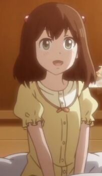 big_order blush brown_hair dusk green_eyes hair_bobbles hair_ornament hoshimiya_sena long_hair low_twintails non-web_source open_mouth pajamas puffy_short_sleeves puffy_sleeves shirt short_sleeves smile twintails upper_body yellow_pajamas yellow_shirt