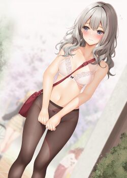 1girl arms_at_sides bag blush bow bow_bra bow_panties bra breasts closed_mouth collarbone commentary_request day double-parted_bangs dutch_angle feet_out_of_frame grey_eyes grey_hair highres large_variant_set long_hair medium_breasts minato_ojitan navel original outdoors panties panties_under_pantyhose pantyhose raised_inner_eyebrows shoulder_bag solo_focus standing stomach underwear underwear_only variant_set wavy_hair white_bra white_panties