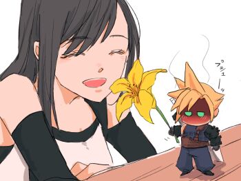 1boy 1girl armor astro_bot astro_bot_(series) averting_eyes bare_shoulders black_gloves black_hair black_sports_bra blonde_hair blue_eyes blush buster_sword closed_eyes cloud_strife cloud_strife_(cosplay) commentary_request cosplay elbow_gloves facing_another final_fantasy final_fantasy_vii final_fantasy_vii_remake flower gloves head_steam holding holding_flower litter7th long_hair loose_socks mini_person miniboy open_mouth shoulder_armor smile socks spiked_hair sports_bra standing suspenders sword sword_on_back tank_top tifa_lockhart upper_body weapon weapon_on_back white_background white_tank_top yellow_flower