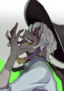 1boy cloak closed_eyes dark-skinned_male dark_skin eren5877 from_side grey_background gums hands_up hat hat_tassel highres male_focus open_mouth piercing portrait profile saliva sharp_teeth shirt short_hair sky:_children_of_the_light solo teeth tongue_piercing turtleneck turtleneck_shirt white_hair white_shirt witch_hat