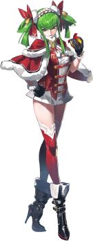 1girl black_boots black_gloves boots breasts c.c. cape christmas code_geass code_geass:_genesic_re;code dress full_body gloves green_hair highres long_hair looking_at_viewer official_art red_cape red_thighhighs santa_costume santa_dress smile solo thighhighs yellow_eyes