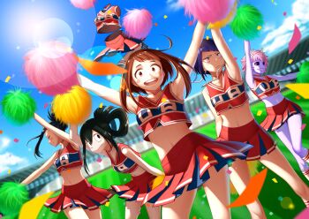 10s 6+girls :> :d arkray armpits ashido_mina asui_tsuyu black_eyes black_hair black_sclera blue_sky blush blush_stickers boku_no_hero_academia brown_eyes brown_hair cheering cheerleader cloud colored_sclera colored_skin confetti crop_top crop_top_overhang day grin hagakure_toru hair_rings highres holding invisible jiro_kyoka lens_flare long_hair multiple_girls navel open_mouth pink_hair plug pom_pom_(cheerleading) purple_eyes purple_hair purple_skin red_skirt short_hair skirt sky smile stadium sweatdrop tank_top uraraka_ochako yaoyorozu_momo yellow_eyes