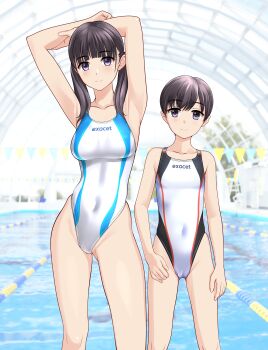 Rule 34 | 2girls, absurdres, armpits, arms behind head, black hair, cameltoe, clothes writing, commentary request, competition swimsuit, covered navel, feet out of frame, glass ceiling, grey eyes, highleg, highleg one-piece swimsuit, highres, indoors, lane line, long hair, low twintails, multiple girls, one-piece swimsuit, original, pool, short hair, siblings, sisters, string of flags, swimsuit, takafumi, twintails, two-tone swimsuit, variant set, white one-piece swimsuit