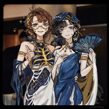 2girls absurdres alternate_costume arm_around_waist armlet bare_shoulders black_border black_hair blue_dress blue_veil blurry blurry_background border broken_eyewear brown_hair dress finger_gun folding_fan glasses grin hair_ornament hand_fan hand_on_another&#039;s_waist hand_on_own_chest hand_up heart highres holding holding_fan indoors isolde_(reverse:1999) jewelry kakania_(reverse:1999) looking_at_viewer multiple_girls noriiikonbu official_alternate_costume photo-referenced pointing pointing_at_viewer purple_eyes reverse:1999 shawl side-by-side sleeveless sleeveless_dress smile sparkle two-tone_dress upper_body veil white_dress white_shawl
