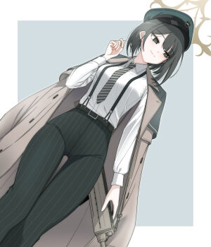 1girl black_eyes black_necktie blue_archive brown_halo coat coat_on_shoulders diagonal-striped_clothes diagonal-striped_necktie green_hat halo hat high-waist_pants highres hiromi_(blue_archive) js_71535 necktie pants peaked_cap smile solo striped_clothes striped_necktie striped_pants vertical-striped_clothes vertical-striped_pants
