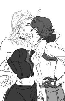 2girls absurdres arm_around_shoulder bare_shoulders breasts chinese_commentary choker cleavage collared_shirt commentary_request couple crop_top devil_may_cry_(series) eyewear_on_head from_side gloves hair_between_eyes hand_on_own_hip highres kiss kissing_nose lady_(devil_may_cry) leaning_forward long_hair long_sleeves looking_at_another looking_down looking_up medium_breasts mole monochrome multiple_girls navel scar scar_on_face scar_on_nose shirt short_hair simple_background standing stomach sunglasses trish_(devil_may_cry) upper_body warsong_zhange white_background yuri