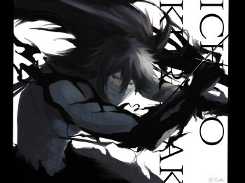 1boy bandage_on_neck bandaged_chest bandaged_torso bandages_over_mouth black_hair bleach character_name commentary_request guru_gururuuu hair_between_eyes highres kurosaki_ichigo long_hair looking_at_viewer male_focus mugetsu_(bleach) mugetsu_form_(bleach) pillarboxed red_eyes simple_background solo twitter_username white_background