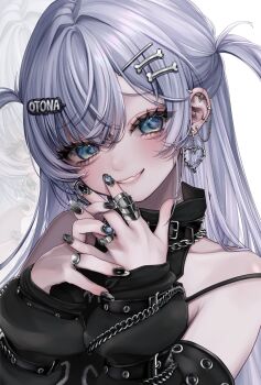 Rule 34 | 1girl, arm warmers, barbed wire, black arm warmers, black nails, blue eyes, blue hair, blush, bone hair ornament, cartoon bone, chain, chain necklace, commentary request, ear chain, earrings, fang, hair ornament, hairpin, heart, heart earrings, highres, jewelry, linked piercing, long hair, looking at viewer, multiple hairpins, necklace, piercing, punk, rereet t, ring, shirt, short twintails, simple background, skeleton print, skin fang, sleeveless, smile, solo, strap slip, swept bangs, teeth, text hair ornament, twintails, virtual youtuber, vspo!, white background, y2k fashion, yano kuromu, yano kuromu (1st costume)