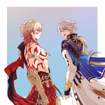 2boys 31767d antenna_hair arm_tattoo armlet armor black_coat black_gloves black_shirt blonde_hair blue_cape blue_eyes braid cape chest_tattoo clawed_gauntlets coat commentary_request earrings facial_tattoo fingerless_gloves gloves gold_earrings gold_necklace gradient_hair honkai:_star_rail honkai_(series) jewelry male_focus medium_hair multicolored_hair multiple_boys mydei_(honkai:_star_rail) neck_tattoo necklace open_clothes open_coat parted_bangs pauldrons phainon_(honkai:_star_rail) red_cape red_hair red_tattoo shirt short_hair shoulder_armor side_braid side_cape single_pauldron tattoo white_coat white_hair yellow_eyes