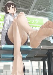 Rule 34 | 1girl, absurdres, crossed legs, feet, hand on own cheek, hand on own face, highres, light blush, looking at viewer, mbr90munouk, medium hair, office lady, pantyhose, sitting, soles, toes, train station