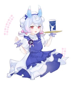 1girl animal_ears apron beret blue_apron blue_hair blush bow cropped_legs cup disposable_coffee_cup disposable_cup dress frilled_wrist_cuffs frills genshin_impact gradient_hair hair_bow hair_ornament hat highres holding holding_plate iooqq looking_at_viewer low_twintails multicolored_hair official_alternate_costume open_mouth pink_bow pink_hair plate pom_pom_(clothes) pom_pom_hair_ornament puffy_short_sleeves puffy_sleeves red_eyes short_sleeves short_twintails sigewinne_(genshin_impact) sigewinne_(luckin_coffee)_(genshin_impact) solo twintails white_background white_dress white_hat white_wrist_cuffs wrist_cuffs