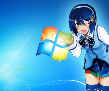 blue_background blue_eyes blue_hair blue_jacket blue_skirt clover clover_hair_ornament dress hair_ornament headband jacket madobe_nanami microsoft_windows non-web_source ribbon school_uniform skirt white_dress windows_7
