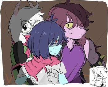 1boy 1girl 1other ahoge animal_ears animification antenna_hair armlet armor bare_shoulders black_eyes black_shirt blue_hair blue_skin border breastplate brown_background clenched_hand closed_mouth colored_sclera colored_skin deltarune furry furry_male gauntlets glasses goat_boy goat_ears goat_horns green_robe grey_armor hair_between_eyes hair_over_one_eye hand_up horns jewelry kris_(dark_world)_(deltarune) kris_(deltarune) long_hair long_sleeves looking_at_viewer looking_to_the_side monster_girl no_mouth pauldrons pink_scarf purple_hair purple_shirt purple_skin ralsei robe round_eyewear scared scarf shirt short_hair shoulder_armor simple_background sleeveless sleeveless_shirt spiked_armlet susie_(dark_world)_(deltarune) susie_(deltarune) sweat upper_body utdr_(toby_fox) v-shaped_eyebrows white_border white_fur yellow_sclera yx_won2