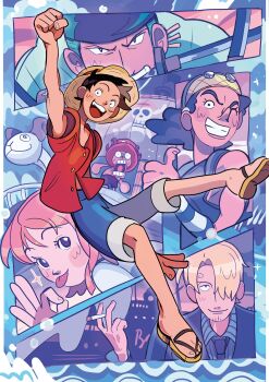 1girl 5boys alos_(alosrovolo) antlers black_hair black_shirt blonde_hair blue_shorts blush brown_eyes cigarette closed_mouth curly_eyebrows facial_hair going_merry green_hair hair_over_one_eye hat highres holding holding_cigarette horns jolly_roger long_nose monkey_d._luffy multiple_boys nami_(one_piece) ok_sign one_eye_closed one_piece open_mouth orange_hair pirate_ship raised_fist red_hat red_shirt reindeer_antlers reindeer_boy roronoa_zoro sandals sanji_(one_piece) shirt shorts smile straw_hat straw_hats_jolly_roger sweatdrop sword_in_mouth thumbs_up tongue tongue_out tony_tony_chopper usopp white_shirt wide-eyed yellow_sandals