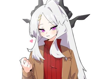 Rule 34 | 1girl, ahoge, blue archive, blush, demon girl, demon horns, flat chest, heart, highres, hina (blue archive), horns, karukan2552, long hair, looking at viewer, purple eyes, simple background, solo, upper body, very long hair, white background, white hair