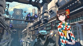 1girl 3d absurdres alternate_costume aqua_eyes black_hair blue_sky building factory futuristic hair_ornament highres hololive japanese_clothes kimono looking_to_the_side mecha_tamashi motor_vehicle motorcycle oozora_subaru protein_the_subaru robot short_hair sitting sky sticker tagme vehicle virtual_youtuber