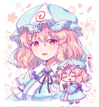 1girl :d black_ribbon black_shoes blue_hat blue_kimono blue_sash blush chibi closed_eyes commentary corrupted_twitter_file dango food hair_between_eyes hat heart highres hitodama holding holding_food japanese_clothes kaoling kimono long_sleeves looking_at_viewer mob_cap neck_ribbon onigiri open_mouth pink_hair portrait red_eyes ribbon ribbon-trimmed_collar ribbon_trim saigyouji_yuyuko sanshoku_dango sash shoes short_hair smile socks spoken_heart touhou triangular_headpiece wagashi white_socks wide_sleeves