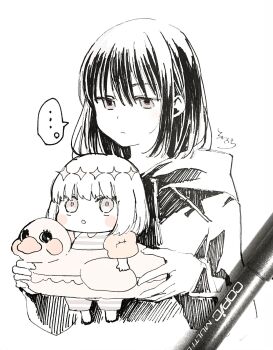 Rule 34 | ..., 1boy, blush stickers, character request, closed mouth, commentary, cropped torso, drawstring, fate/grand order, fate (series), hair between eyes, highres, hood, hood down, hooded robe, innertube, mini person, miniboy, monochrome, oberon (fate), old-fashioned swimsuit, photo (medium), robe, signature, simple background, sofra, spoken ellipsis, swim ring, traditional media, upper body, white background