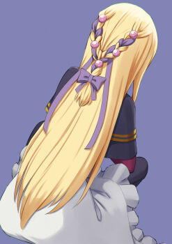 Rule 34 | 1girl, black capelet, blonde hair, bow, braid, capelet, dutch angle, easy (aqk7bdqt), facing away, from behind, gold trim, hair bow, hair focus, hair ornament, hair ribbon, knees up, long hair, loux christasse, mahoutsukai reimeiki, multicolored hair, purple background, purple bow, purple hair, purple ribbon, ribbon, simple background, sitting, skirt, solo, straight hair, very long hair, white skirt