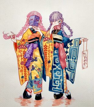 2girls animal_print arm_up blue_eyes blue_kimono blunt_bangs braid braided_hair_rings butterfly_print commentary_request covered_face crossed_legs floral_print full_body furisode furisode_sleeves hair_rings hand_over_face highres holding japanese_clothes kimono layered_kimono long_hair manaita_obi multiple_girls obi obijime okobo original pink_hair platform_clogs platform_sandals print_kimono purple_hair sandals sash shiguretau simple_background standing tabi twin_braids wide_sleeves yellow_kimono