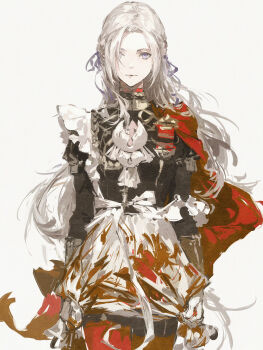 Rule 34 | 1girl, absurdres, breasts, cape, closed mouth, commentary, edelgard von hresvelg, fire emblem, fire emblem: three houses, garreg mach monastery uniform, gloves, hair over one eye, hair ribbon, highres, lkppp, long hair, long sleeves, looking at viewer, nintendo, purple eyes, red cape, ribbon, simple background, solo, standing, white hair