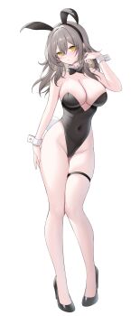 1girl absurdres alternate_costume animal_ears bare_shoulders black_bow black_bowtie black_leotard black_shoes blush bow bowtie breasts commentary_request covered_navel detached_collar fake_animal_ears full_body grey_hair high_heels highleg highleg_leotard highres honkai:_star_rail honkai_(series) large_breasts leotard long_hair looking_at_viewer merchandise_available miko_(royal_milk) playboy_bunny rabbit_ears shoes simple_background solo standing stelle_(honkai:_star_rail) strapless strapless_leotard trailblazer_(honkai:_star_rail) white_background wrist_cuffs yellow_eyes
