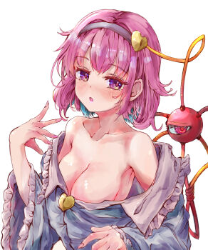 1girl :o absurdres bare_shoulders black_hairband blue_shirt blush breasts buttons cleavage clothes_pull collarbone commentary eyelashes frilled_shirt_collar frills hair_between_eyes hair_intakes hair_ornament hairband hand_up heart heart_button heart_hair_ornament highres ikazuchi_akira komeiji_satori large_breasts long_sleeves looking_at_viewer medium_hair nail_polish no_bra open_clothes open_mouth open_shirt outstretched_hand pink_hair pink_nails purple_eyes red_eyes shirt shirt_pull simple_background solo third_eye touhou upper_body white_background wide_sleeves