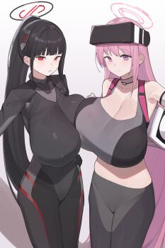 2girls absurdres black_bodysuit black_hair black_halo black_pants blue_archive blunt_bangs bodysuit breasts eimi_(armed)_(blue_archive) eimi_(blue_archive) grey_sports_bra halo head-mounted_display highres huge_breasts impossible_bodysuit impossible_clothes kurowanjjyang long_hair looking_at_viewer multicolored_halo multiple_girls official_alternate_costume official_alternate_hairstyle pants pink_eyes pink_hair ponytail red_eyes rio_(armed)_(blue_archive) rio_(blue_archive) sports_bra tight_clothes tight_pants two-tone_halo