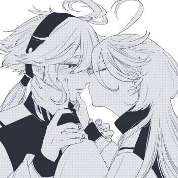 Rule 34 | 2girls, asticassia school uniform, closed eyes, greyscale, gundam, gundam suisei no majo, hairband, hand on another's face, highres, holding another's wrist, imminent kiss, long hair, miorine rembran, monochrome, multiple girls, parted lips, ponytail, sawaya ( 0030y), school uniform, suletta mercury, tears, yuri